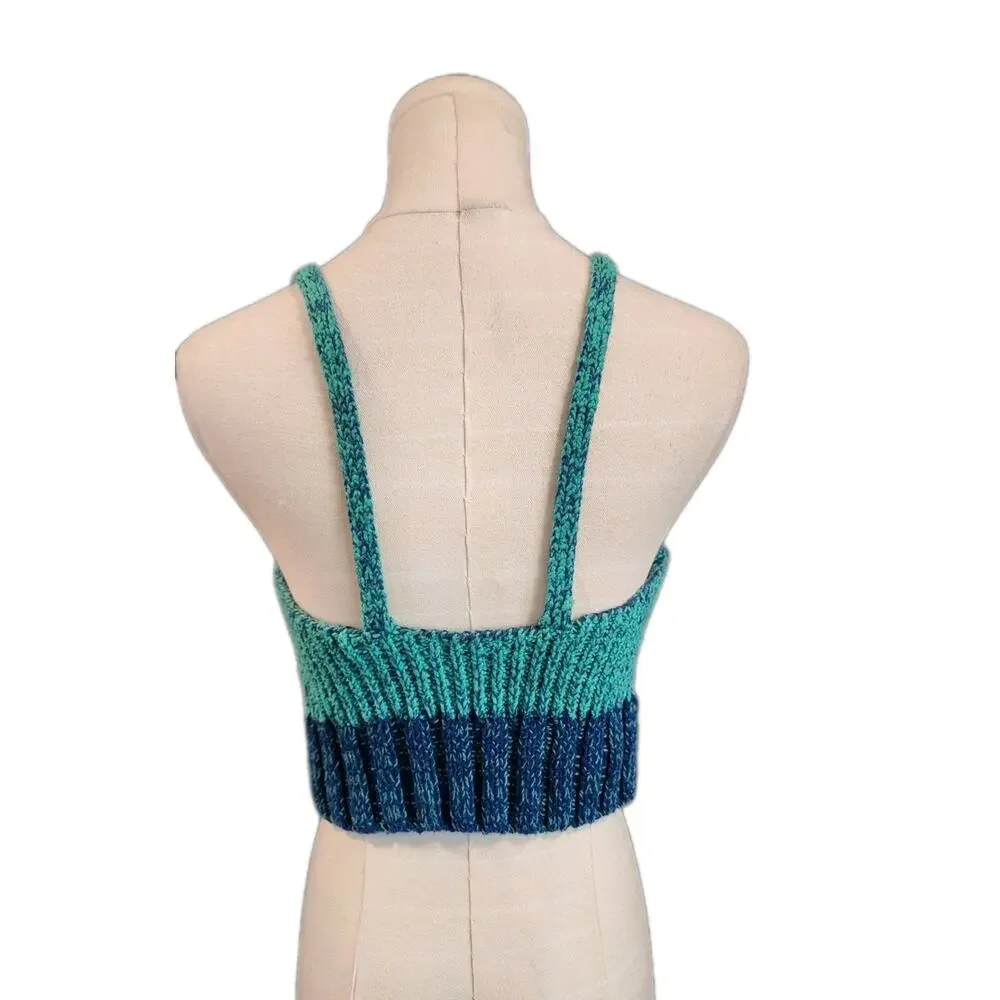 Free People Teal and Navy Ribbed Knit Crop Top